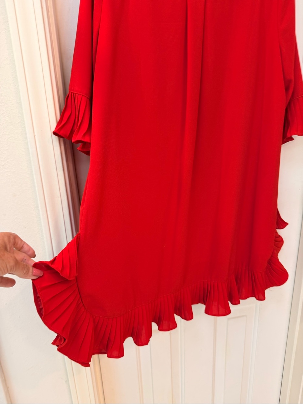 Red Ruffle Hem & 3/4 Length Sleeve Tunic / Shift Dress, Elegant Casual, Sz L - Picture 8 of 12